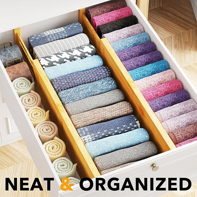 SpaceAid Bamboo 4 Pack Dresser Drawer Dividers, 4.65“ High Adjustable 17“-22” Drawer Organizers, Expandable Organization for Clothing, Clothes, Dressers, Natural