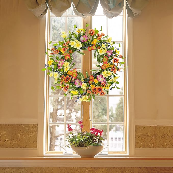 20 inch Spring Summer Wreaths for Front Door Floral Wreath with Colorful Wildflowers,Eucalyptus Leaves,Olive Leaves,Small Berries for Indoor Outdoor Farmhouse Home Wall Window Festival Decoration