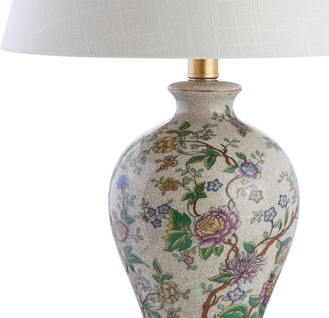 JONATHAN Y 24" Multi-Colored/Gold French Country Ceramic Floral Urn Table Lamp, White Linen Shade, Chinoiserie Ginger Jar Bedside Lamp for Living Room Bedroom, LED Bulb JYL3009A