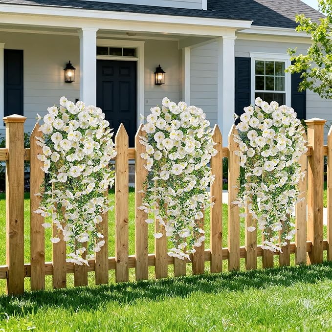 Artificial Hanging Petunias Flowers for Outdoor, 2pcs Fake Plants Long Vine Morning Glory Eucalyptus, UV Resistant Realistic Faux Greenery Indoor Outside Patio Porch Garden Spring Summer Decor, White