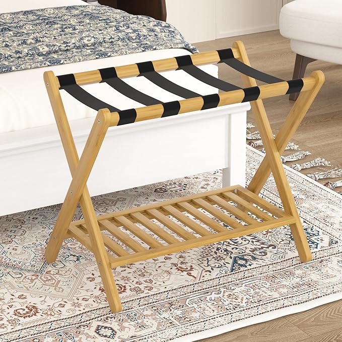 Luggage Racks Set Of 2 Suitcase Stand Foldable With Storage Shelf For Guest Room Hotel Essentials Solid Bamboo Heavy-Duty Item Holder Natural