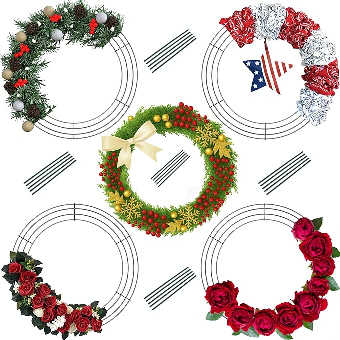 5-Pack Wire Wreath Frame – Round Metal Wreath Form with Ring Design for DIY Crafts, Floral Projects, and Home Decor – Dark Green Wire Frame for Christmas Holiday & Weddings (5, 12 Inches)