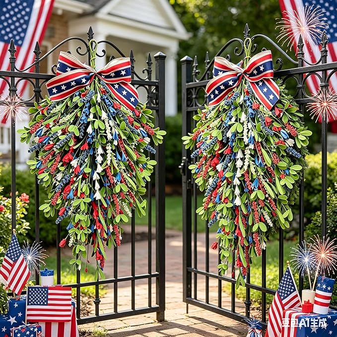 2 Pack 21'' Patriotic Teardrop Swag Wreaths for Cabinets Artificial 4th of July Swag Wreath with Red White Blue Floral and Berries for Independence Day Memorial Day Front Door Porch Window Wall Decor