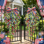 2 Pack 21'' Patriotic Teardrop Swag Wreaths for Cabinets Artificial 4th of July Swag Wreath with Red White Blue Floral and Berries for Independence Day Memorial Day Front Door Porch Window Wall Decor