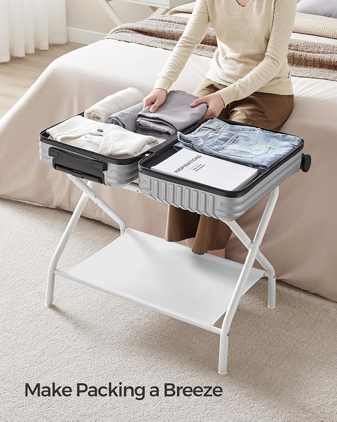 SONGMICS Luggage Racks, Set of 2, Suitcase Stand with Fabric Storage Shelf, for Guest Room, Bedroom, Hotel, Foldable, Holds up to 110 lb, 27.2 x 15 x 20.5 Inches, Cloud White RLR002W02