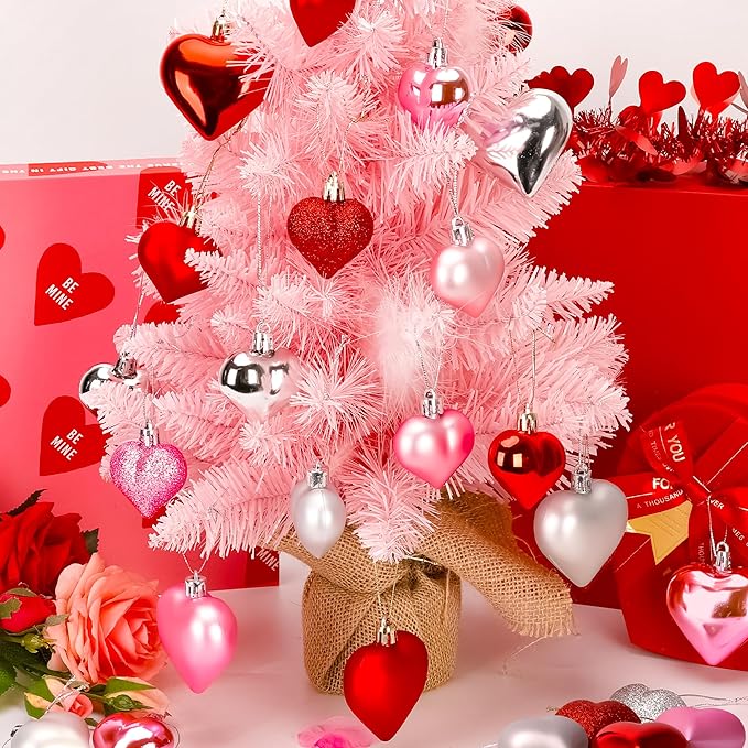 Melisheer 24pcs Valentines Day Heart Ornaments, Classic Red Pink Silver Shaped Hanging Baubles with 2 Sizes, Valentine's Decorations for Tree, Love Decor Outdoor Wedding Party Gift