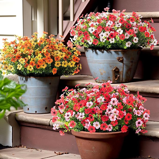 Artificial Fake Flowers Plants for Outdoor Spring Decor, 12 Bundles Faux Silk Flowers for Outdoor Outside Planter Colorful Daisy UV Resistant Look Real for Front Door Porch Patio Yard(Yellow Orange)