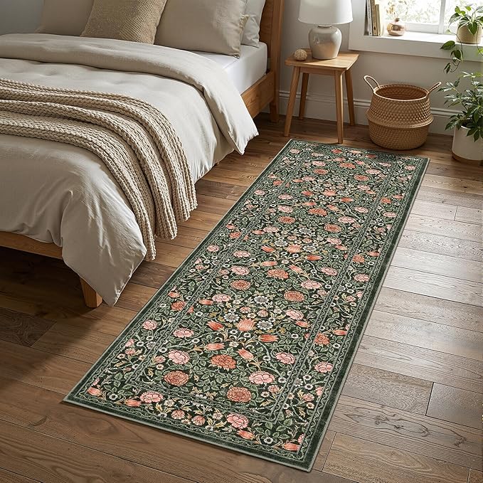 GarveeHome Dark Green Vintage Floral 2x6 Runner Rug Washable Kitchen Rugs Non Slip Boho Long Rug for Hallways Bedroom Entryway Bathroom Mat with Rubber Back
