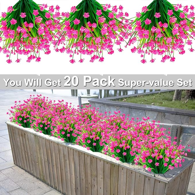 TURNMEON 20 Bundles Artificial Flowers for Outdoors Fake Plants Spring Decor, UV Resistant Artificial Plants Cemetery Flowers Faux Plastic Greenery Shrub for Porch Yard Summer Decor 500 Heads(Pink)