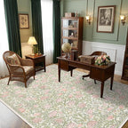 GarveeHome Pink and Green Vintage Floral Washable Rugs 6x9 for Living Room Boho Retro Botanical Rug Low Pile Stain Resistance Non Slip Carpet for Bedroom Nursery Dining Room