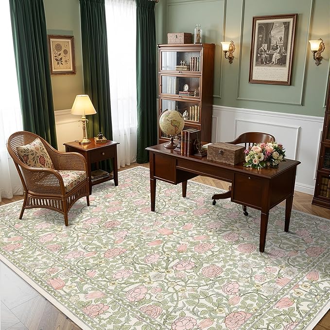 GarveeHome Pink and Green Vintage Floral Washable Rugs 6x9 for Living Room Boho Retro Botanical Rug Low Pile Stain Resistance Non Slip Carpet for Bedroom Nursery Dining Room