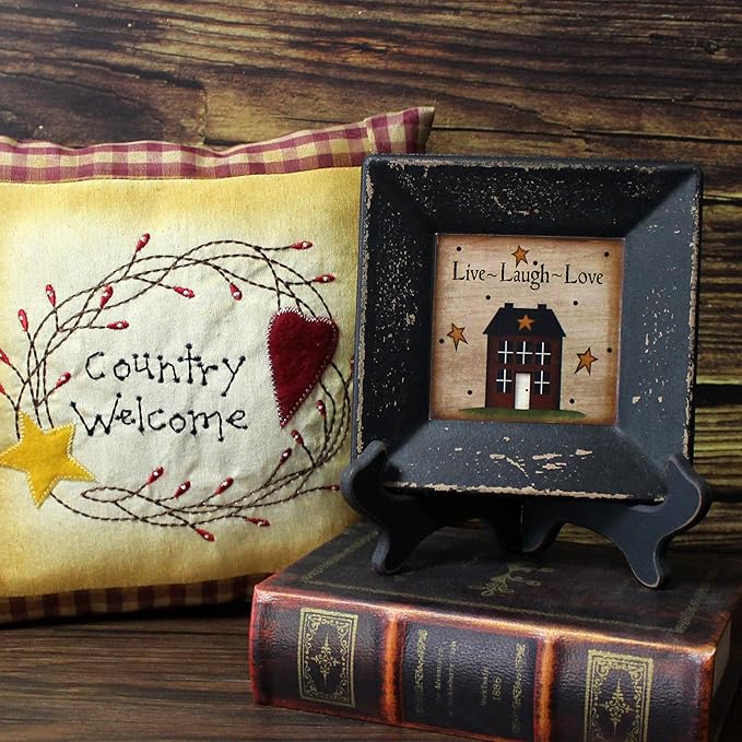 CVHOMEDECO. Primitives Country House Decorative Plate with Rack Square Display Wooden Plate Home and Office Décor Art, 6 X 6 Inch