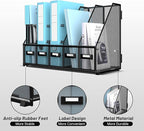 SUPEASY Desk Organizers Metal Desk Magazine File Holder with 16''x12''x12'' 5 Vertical Compartments Rack File Organizer for Office Desktop, Classroom, Home Workspace, Black Plus