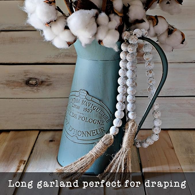 Farmhouse Wood Bead Garland Home Decor, Natural Wooden Garland for Tiered Tray, Decorative Tassel for Tier Tray, Rustic Beads Centerpiece Boho Table Decor, Beaded Accent White Washed