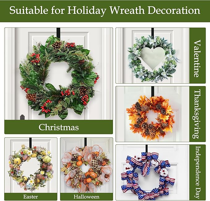 2 Pack Wreath Hangers for Front Door,14 Inch Wreath Hanger Hook for Front Porch Decor,Metal Over The Door Hooks Hanger for Halloween Fall Christmas Decorations Outdoor Indoor Home Decor,Black