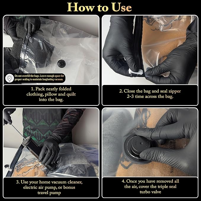 Vacuum Storage Bags – 12 Pack with Hand Pump | Space Saver Compression Bags for Clothes & Bedding | Extra Thick, Airtight Double-Zip, Triple-Valve | Reusable Storage (Jumbo/Large/Medium)