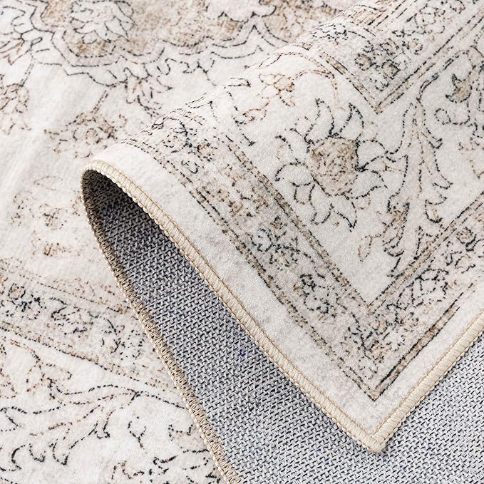 Beige Runner Rug 2'6"x12' Washable Vintage Carpet Hallway Kitchen Soft Retro Low Pile Thin Indoor Bedroom Non Slip Oriental Medallion Long Throw Rug for Bathroom Laundry Dining Room