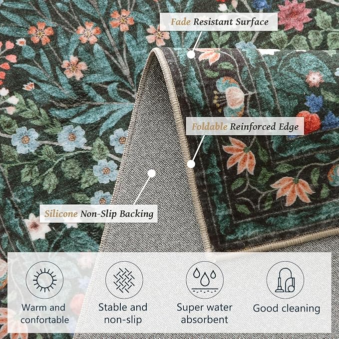 Non-Slip Washable Runner Rug for Hallways, 2x6 Ultra-Thin Floral, Boho Soft Forest Green Carpet for Kitchen, Bathroom & Laundry Room
