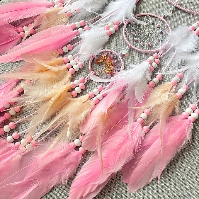Large Dream Catchers, Boho Handmade Native Macrame Dream Catchers Wall Hanging for Bedroom Living Room Wedding Party Decor, Festival Blessing Craft Gift for Kids Boys Girls (Pink & White)