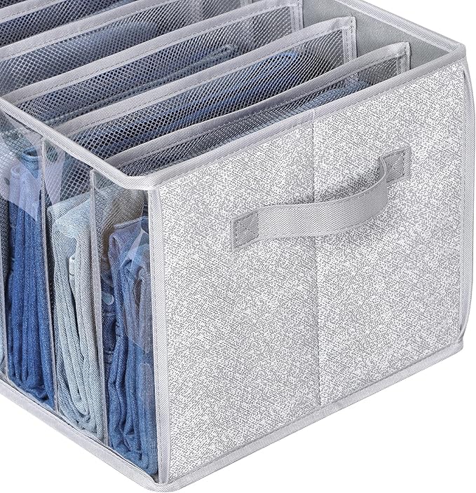 Zilink Upgraded Wardrobe Clothes Organizer with Support Board Clear Pants Organizer for Closet with 7 Grids Storage Bin with Dividers for Jean Pant Sweater Legging T-Shirt, 3 Pack