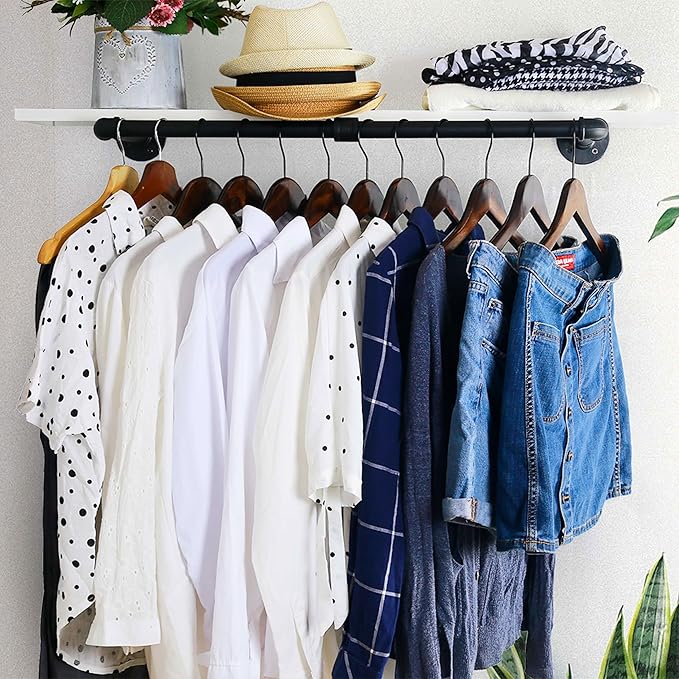 WEBI Clothing Rack Wall Mount,32" Industrial Pipe Clothes Rack for Hanging Clothes,Heavy Duty Iron Garment Rack Bar,Retail Display Clothes Rod for Closet,Laundry Room,Black