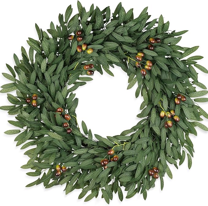 Olive Wreaths for Front Door 26 Inch, Artificial Waterproof Green Lush Olive Branch Wreath with Berry for Home Outdoor Indoor Farmhouse Window Spring Summer All Seasons Year Round