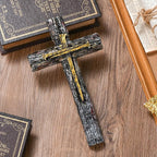 NCPLYGOU Crucifix Wall Cross, Catholic Cross for Wall with Metal Hook, Layered Wood Like Resin Crosses Wall Decor for Church Office Home Baptism, Jesus Wall Art Christian Gifts, Father's Day