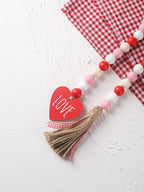 Valentine’s Day Wood Bead Garland with Tassels and Love Heart Shaped Wooden Embellishments Rustic Farmhouse Tiered Tray Wedding Decorations Home Decor (Red & White Love)
