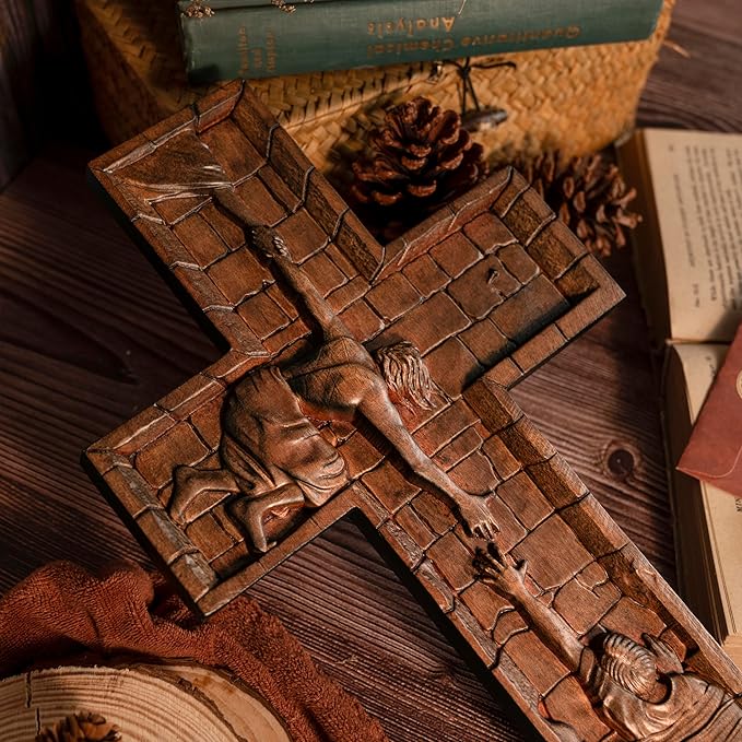 BGCOPPER Crucifix Wall Cross Handmade Wooden Cross with Hook, Christian Wall Art Jesus Wall Cross Gifts for Church Home Room Decor Christmas Cross - 10 Inch