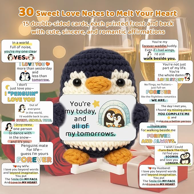 Crimmy Valentines Day Gifts for Him Her, Crochet Tiny Penguin Anniversary Birthday Gift for Boyfriend Girlfriend Wife Husband, I Love You Romantic Gifts for Women Men Couple