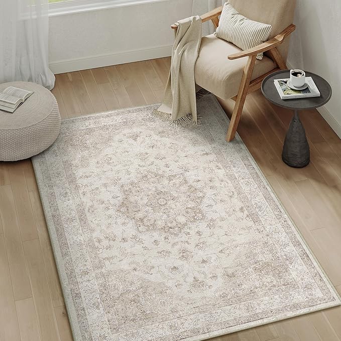 Beige Area Rug 4x6 Washable Vintage Carpet for Office Living Room Soft Retro Low Pile Thin Indoor Rug Non Slip Oriental Medallion Floor Cover for Bedroom Kitchen Dining Room