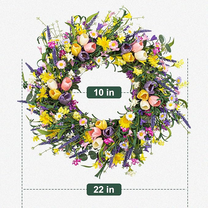 LLZLL Spring Wreath 22 inch Indoor Summer Wreaths Artificial Spring Wreaths for Front Door, Tulip Wreath with Daisy and Lavender for Home Holiday Decor