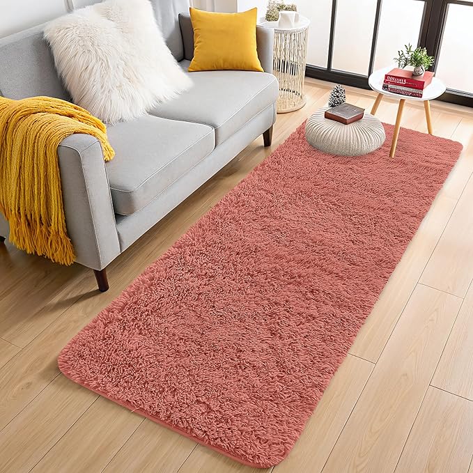 OLANLY 2x5 Machine Washable Runner Rugs for Hallway, Soft Fluffy Shaggy Bedside Rugs for Bedroom, Living Room, Indoor Floor Carpet for Kids Girls and Boys, Home Decor Aesthetic, Rust Red