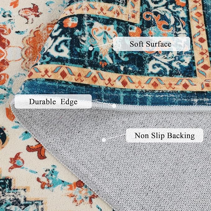 U'Artlines Boho Vintage Area Rug 6x9 Machine Washable Low Pile Soft Floor Carpet Non Slip Non Shedding Accent Rug for Living Room Bedroom Entryway Dining Room Office Orange/Multi