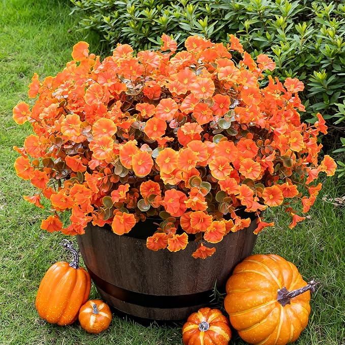 Lnoicy Artificial Fall Mums 12 Bundles Eucalyptus Fake Flowers for Planter,Fake Morning Glory for Halloween Home/Porch/Garden Decoration (Fall Orange)