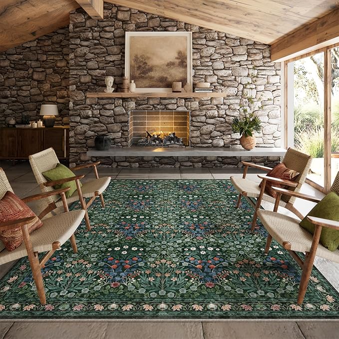 Floral Dark Green Area Rugs 8x10, Soft Washable Non-Slip Boho Forest Large Rug for Living Room, Bedroom, Farmhouse Dining Room & Office