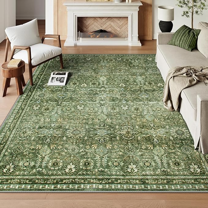 Lahome Moss Green Area Rug 8x10, Machine Washable Low Pile Thin Carpet for Living Room, Non-Slip Boho Rug for Bedroom Dining Office Apartments Home Decor