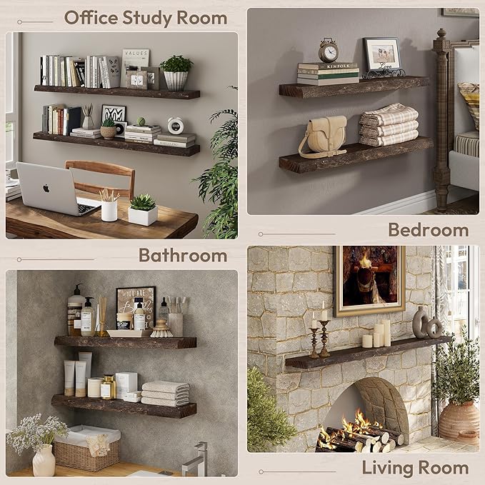 Marsmiles 20 inch Floating Shelves for Wall Elm Wood Live Edge Shelves|Rustic Wall Shelves with Invisible Heavy-Duty Bracket for Bathroom Living Room Kitchen|Walnut, 2 Pack