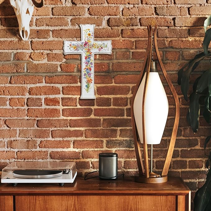 VZVCTFS White Multicolored Wildflowers Cross Wall Decor with Scripture - John 6:35 Wooden Christian Sign, Rustic Farmhouse Inspirational Gift for Home, Easter Christmas Hanging Art (6.5x10 Inch)（A07）