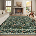 Vintage Botanical Dark Green Area Rug 8x10 Elegant Floral Pattern, Durable Stain-Resistant Fabric, Perfect for Living Room, Bedroom, Dining Room Decor