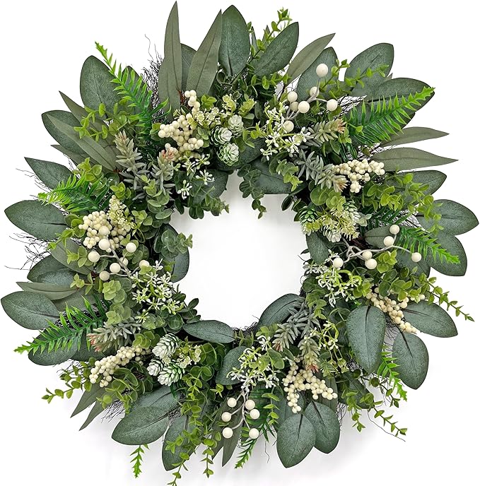 24 Inch Greenery Wreaths for Front Door – Artificial Eucalyptus Wreath with White Berries and Mixed Green Leaves, Year-Round Farmhouse Indoor Outdoor Door Wreath for Spring Summer Home Decor