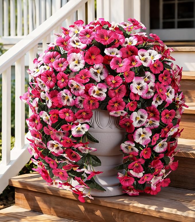 HyeFlora Artificial Flowers for Outdoors 2pcs Faux Silk Pansy Vines Lush UV Resistant Fake Hanging Flower Plants for Outside Porch Yard Patio Window Box (Mix Rose)