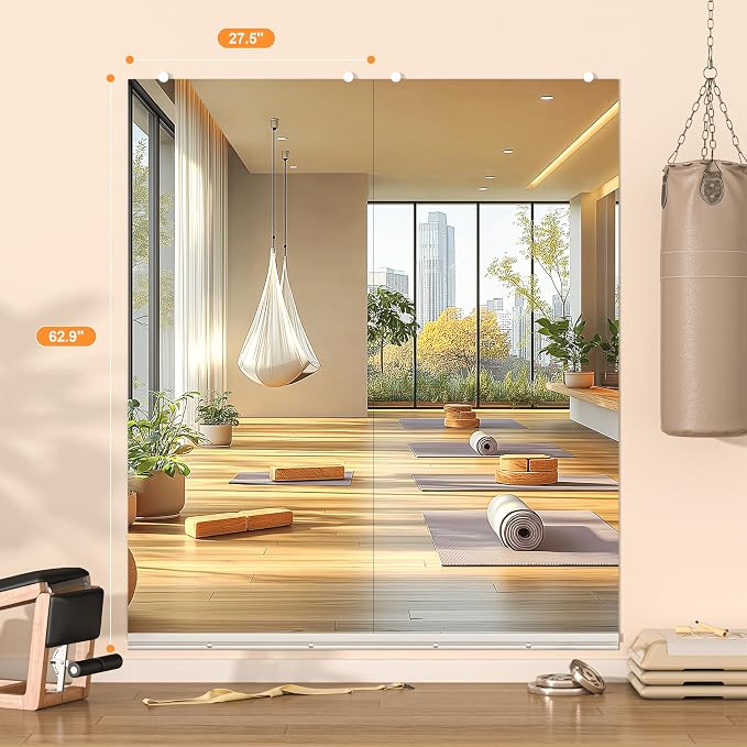 Hasipu Home Gym Mirror, 67"x28" Each, 2-Pack Frameless Wall Mounted Mirrors with Glass Clamps & 1 Aluminum Rail, Large Body Mirror for Home Gym, Yoga Studio, Bedroom, Silver Tempered Glass