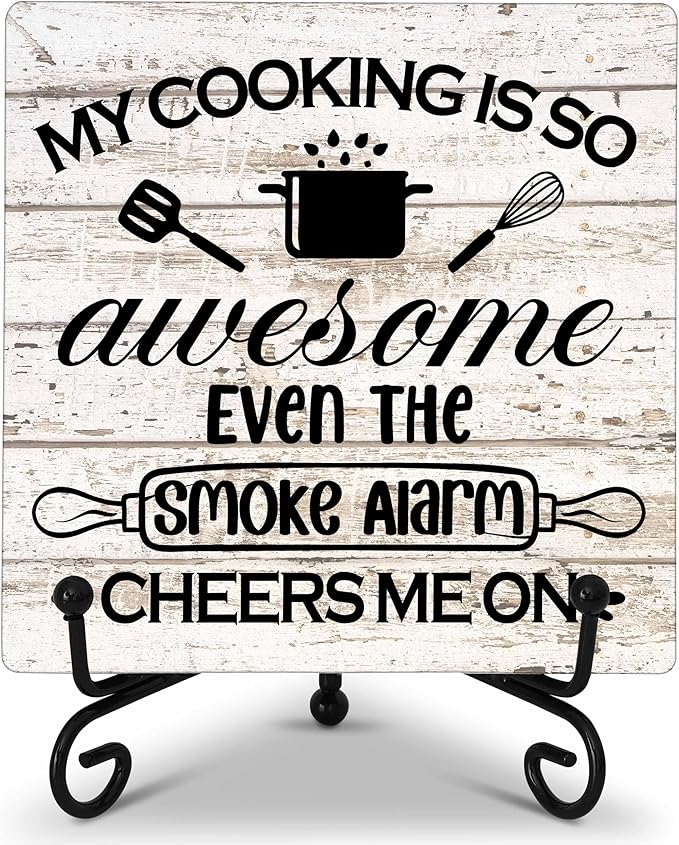 Kitchen Counter Decor, My Cooking Is So Awesome, Table Decorations for Dining Room, Farmhouse Kitchen Wooden Plaque with Iron Stand for Table Shelf Display-A03
