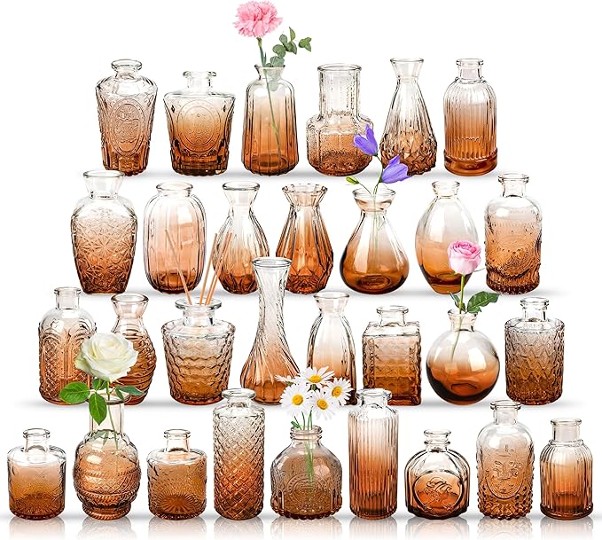 Der Rose Amber Glass Bud Vases Set of 30, Small Bud Vases for Flowers, Rustic Wedding Centerpieces and Home Decor