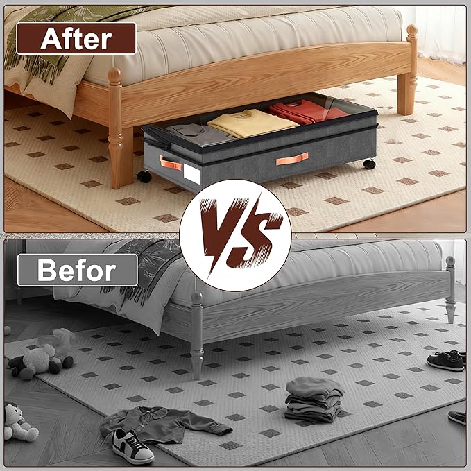 Under Bed Storage with Wheels - 2Pack 70L UnderBed Storage Containers with Clear Lid & Label, Rolling Under Bed Storage Bins for Clothes, Shoes, Blankets (XXL,Grey)