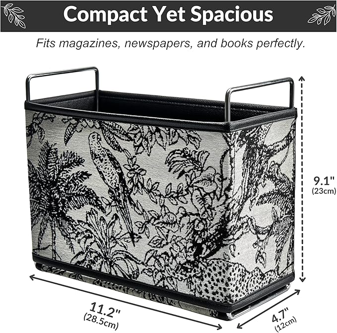 Jungle Theme Magazine Holder - Black & White Embroidered Fabric Magazine Rack Floor, Vintage Faux Leather Newspaper Book Basket Box for Bathroom, Living Room and Toilet (Random Pattern)
