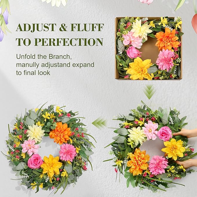 Summer Wreaths for Front Door 24 Inch, Artificial Spring Wreath with Dahlia and Peony for All Season Home Decor Easter Indoor Outdoor Wall Home Festival Celebrations