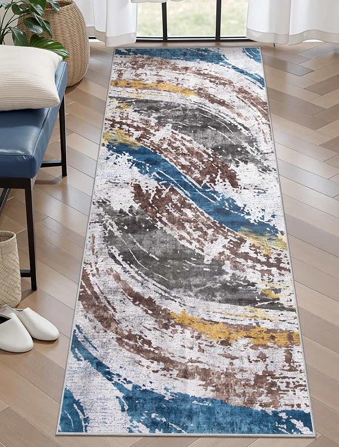 Ciicool 2x6 Washable Runner Rug, Modern Abstract Hallway Rugs Runner, Non-Slip Thin Accent Rug Lightweight Blue Grey Print Distressed Carpet for Laundry Entryway Bedroom Kitchen Bathroom Indoor