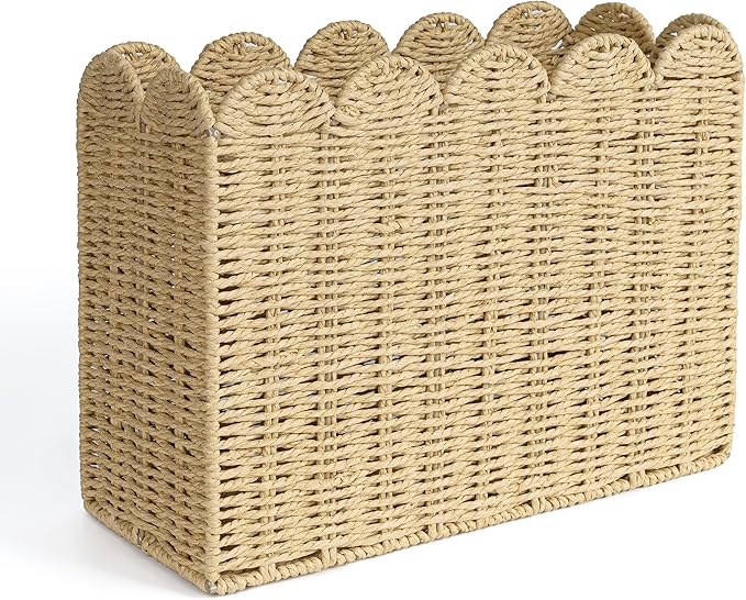 AELS Woven Natural Fibre Magazine Holder, Scalloped Edge Floor Magazine Rack, Hand-woven Organizer, Boho Modern Farmhouse Book Basket, File Newspaper Mail Holder for Office